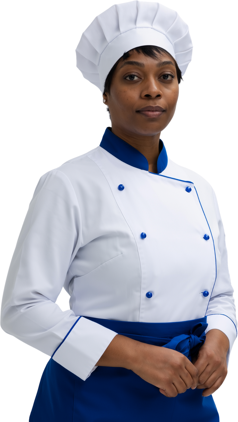 A Runner cook in a white and blue chef's uniform