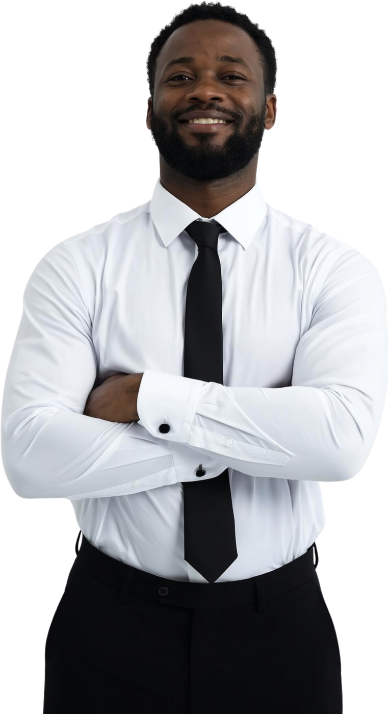 A smiling, verified worker in a white shirt and black tie
